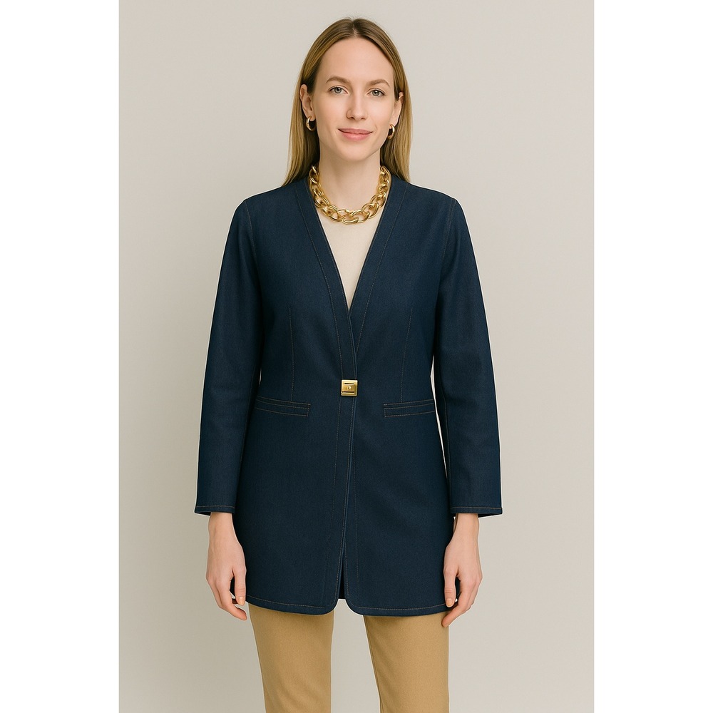 Chicos Long Denim Jacket Trench‎ SZ 1 (Med-8) Dark Wash Minimalist Career Blazer